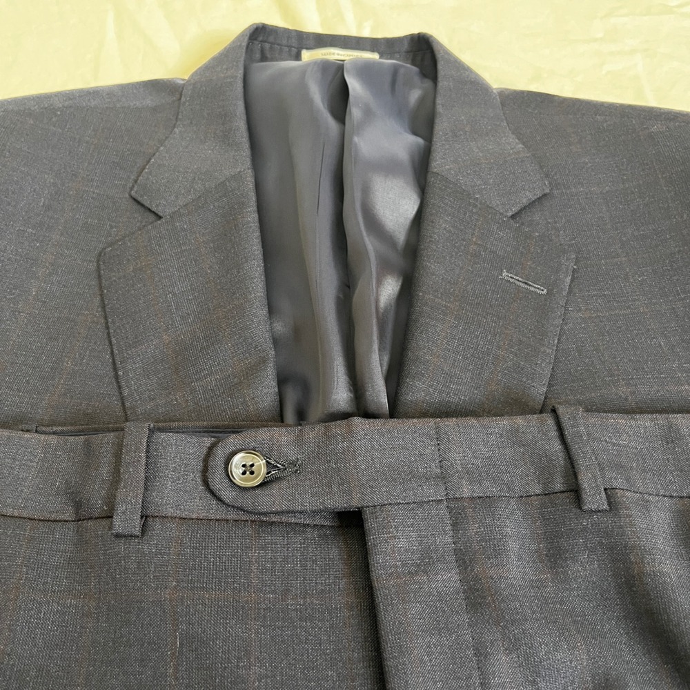 Peter Millar Suit Men 46T Charcoal Gray Windowpane Wool Blend Old Money Academia